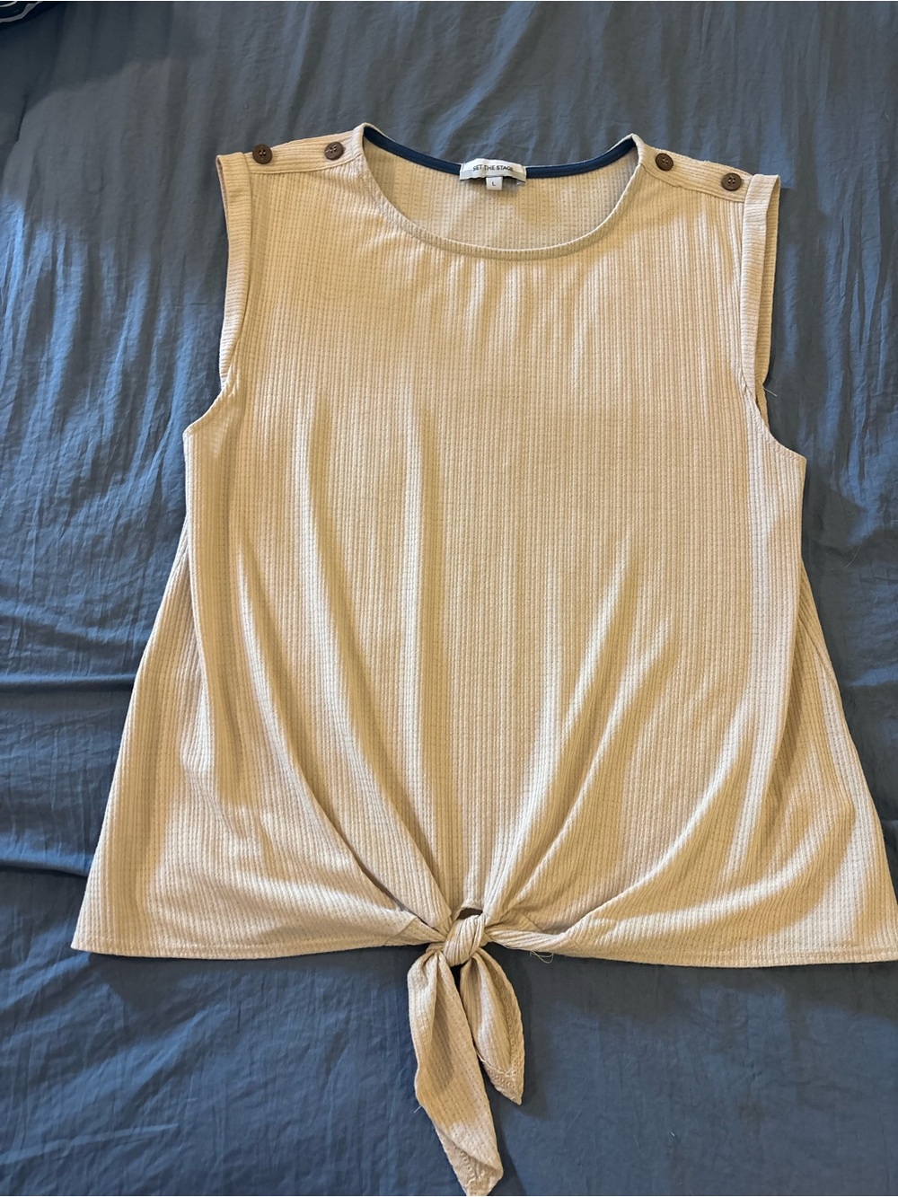 Sleeveless Tie-Front Tank Top in Beige with Button Shoulders